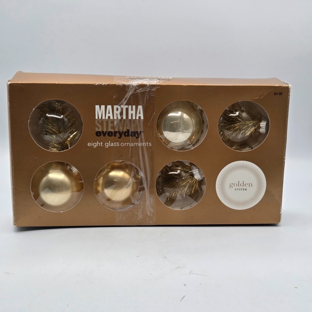 Martha Stewart Glass Ornaments BOX of 8  (5 Golden Luster and 3 Golden Tinsel)